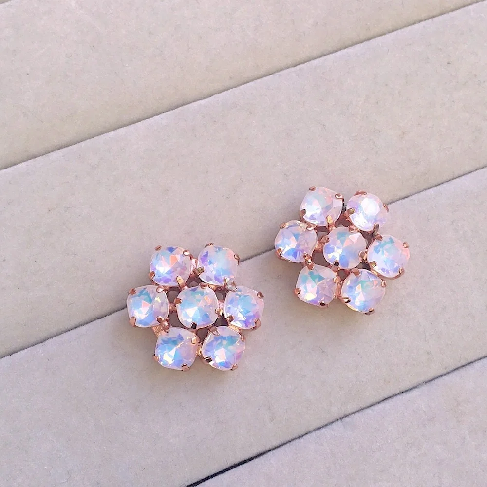 White Opal Aurora Borealis + Rose Gold Crystal Flower Earrings